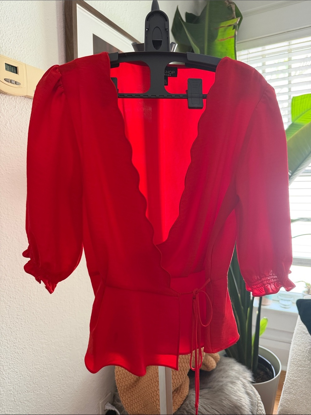 Topshop Red Wrap Blouse with Scalloped V-Neck